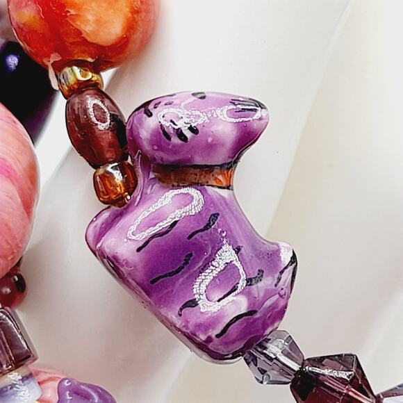 Artisan Memory Wire Bracelet w/ Purple Cats, Floral & Art Glass Beads - Picture 5 of 10